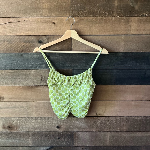Urban Outfitters Green Retro Floral Checkerboard Ruched Crop Top – Size M - Picture 11 of 11